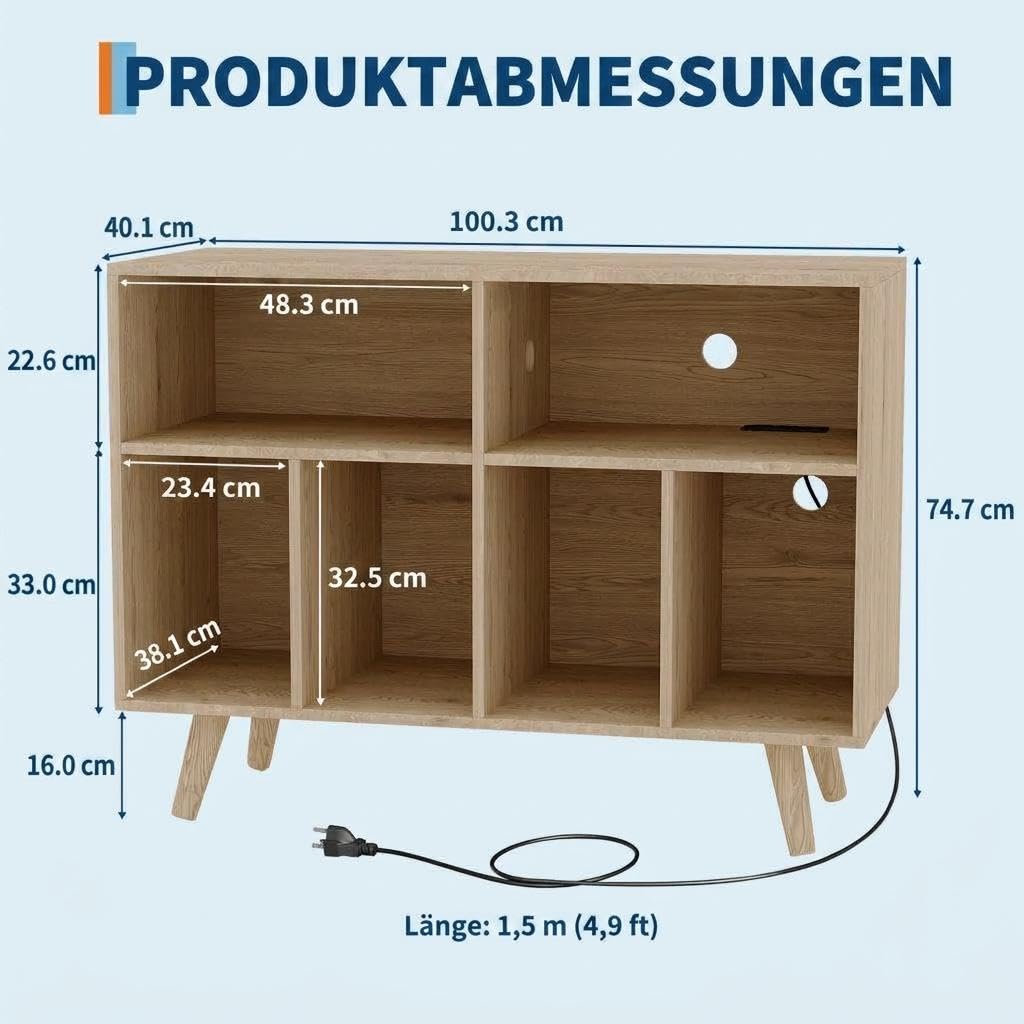 Garvee Großes Plattenspieler Regal, Schallplattenregal für bis zu 350 Vinyl, Holzregal mit USB und Steckdose – Offenes Design für Wohnzimmer, Schlafzimmer, Büro – Naturholz