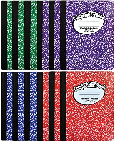 Better Office Products Composition Book Notebook - Hardcover, Wide Ruled (11/32-inch), 100 Sheet, One Subject, 9.75" x 7.5", Assorted Covers: Red, Blue, Green, Purple-12 Pack