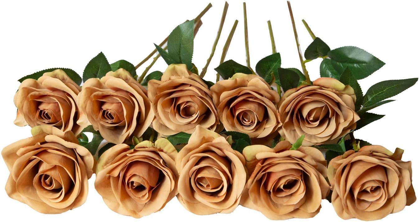 DuHouse 10Pcs Artificial Roses Fake Silk Flowers Realistic Bridal Bouquets with Single Long Plastic Stems for Arrangement Wedding Table Centerpiece Party Home Decor(Coffee)