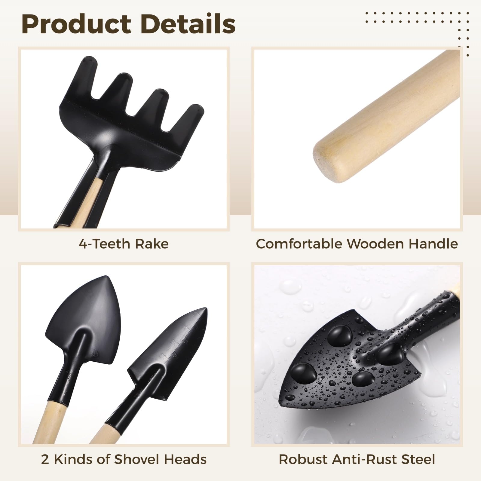 Lot de 8 Mini Outils de Jardinage, Outil Portable avec Manche en Bois, kit à Main en Acier avec râteau, transplantoir, Pelle, pour bonsaï, succulentes, Herbes, Plantes d’intérieur, Petits Pots