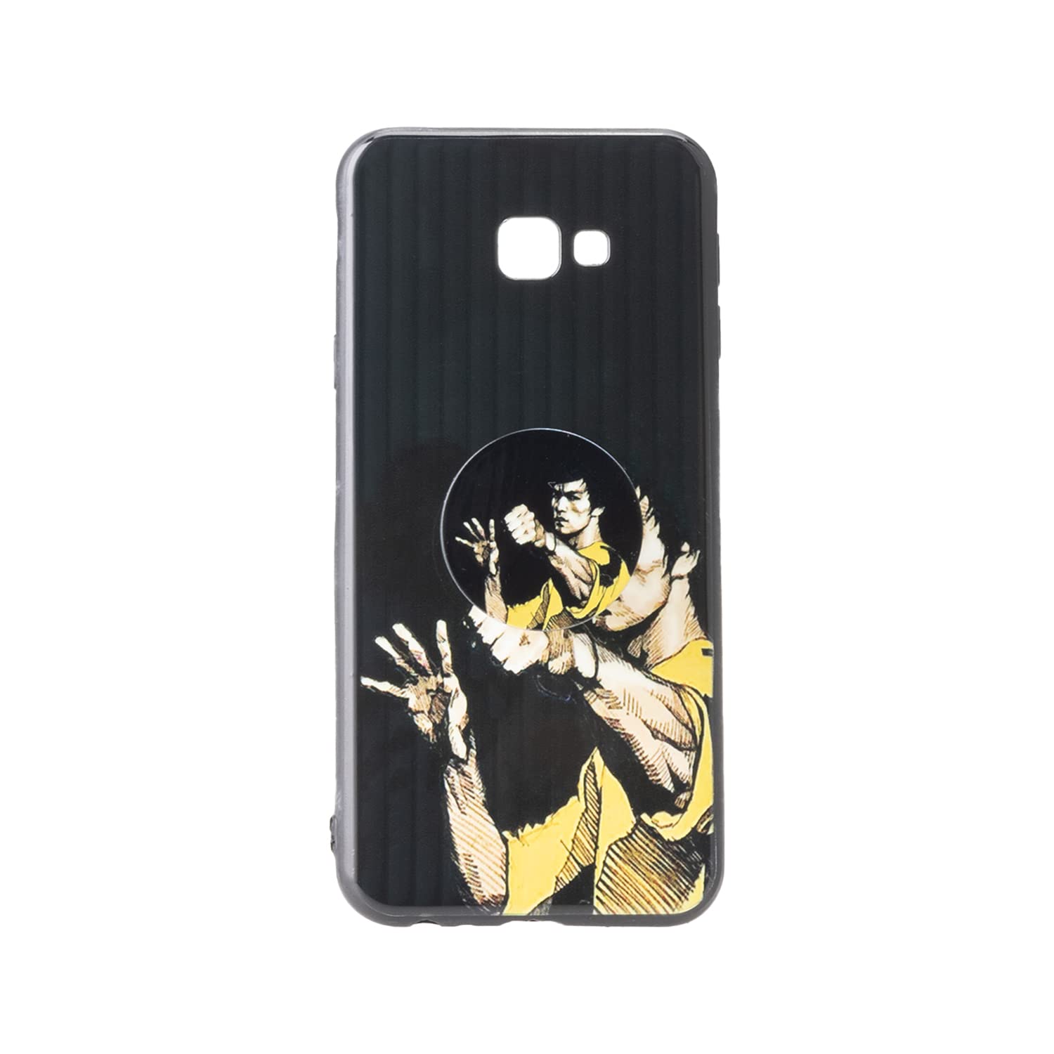 MuzzSamsung Galaxy J4 Plus Mobile Case In Bruce Lee Colour Printed Case + Pop Holder Design Soft TPU Edge Protection Shock Absorption Slim Hard PC Case for Samsung Galaxy J4 Plus