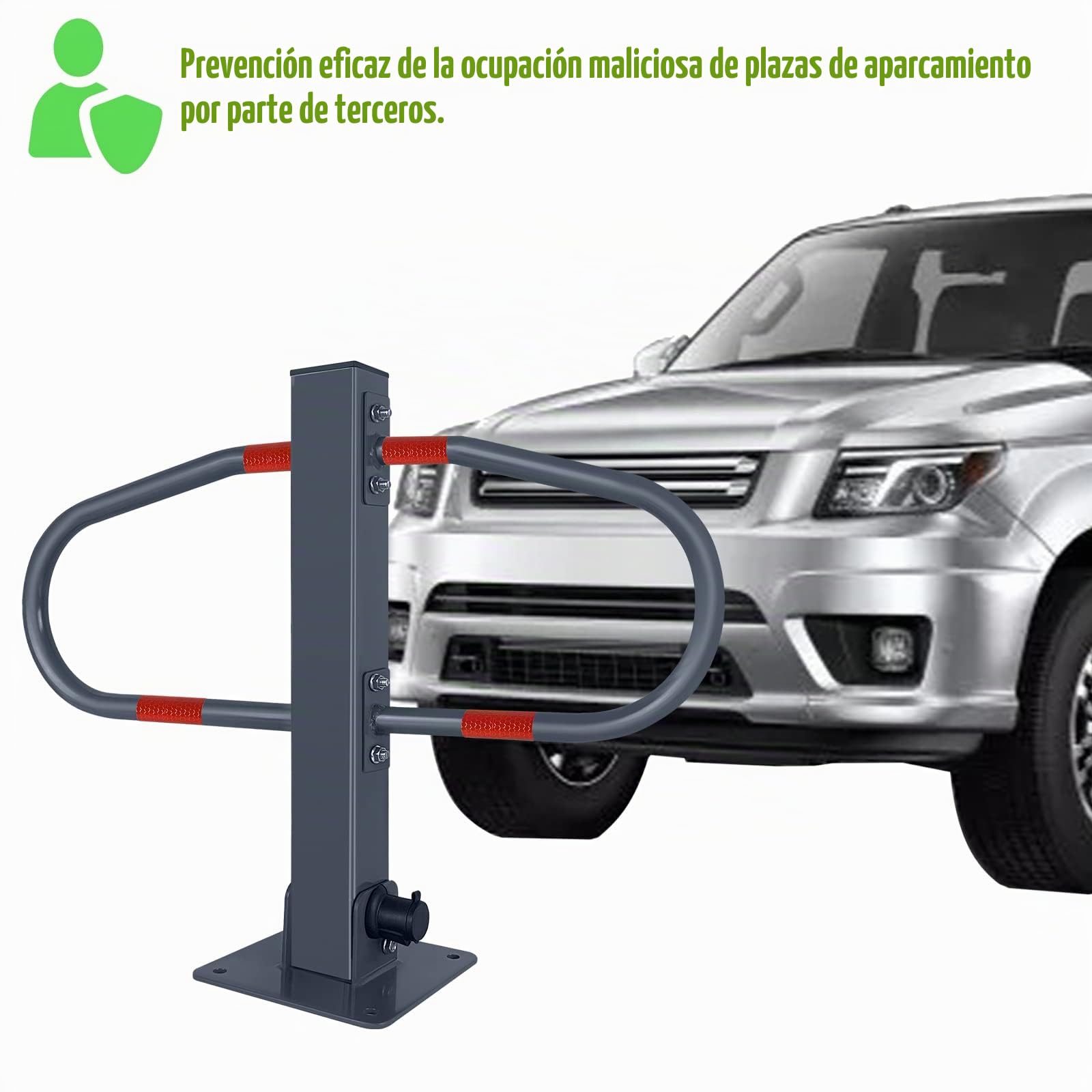 Froadp 73x51cm Barreras de Estacionamiento Plegables Poste de Bloqueo Barrera de Acero Móvil con llave y Tiras Reflectantes Juego de Bolardo de Aparcamiento para Parking Garaje (1 pieza)