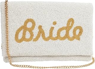 BRIDE Clutch for Wedding Day, Beaded Bride Purse for Bachelorette Party, White Bride Bag With Gold Cursive Design, Bridal Shower & Engagement Gifts for Bride To Be