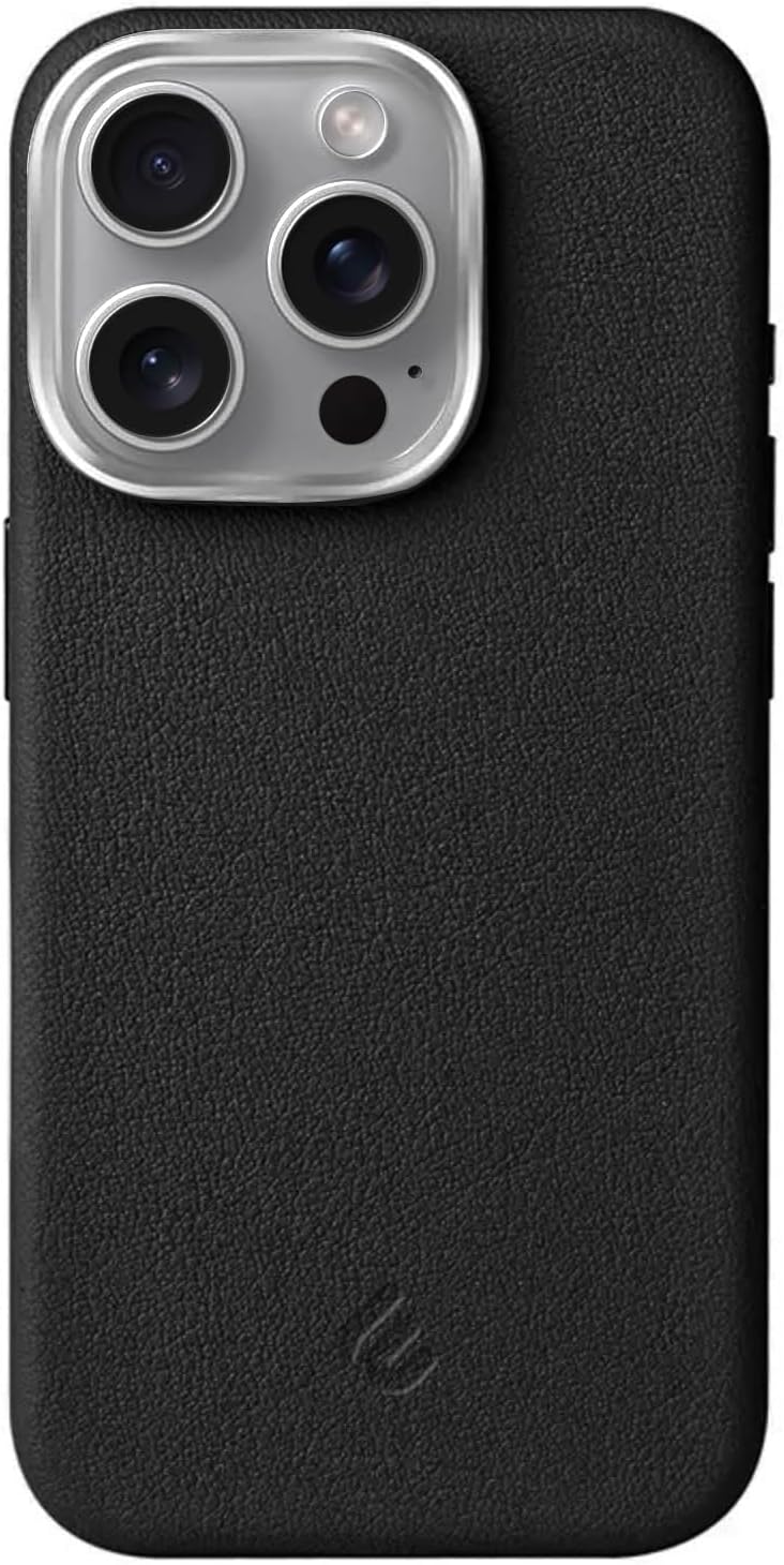 Minesk iPhone 13 ve 14 için MagSafe ile Uyumlu Çizilmeyen ve Parmak İzi Tutmayan Deri Kaplama Metal Tuşlu ve Metal Lens Çerçeveli Hybrid Suni Deri Kılıf (Siyah, 13-14)