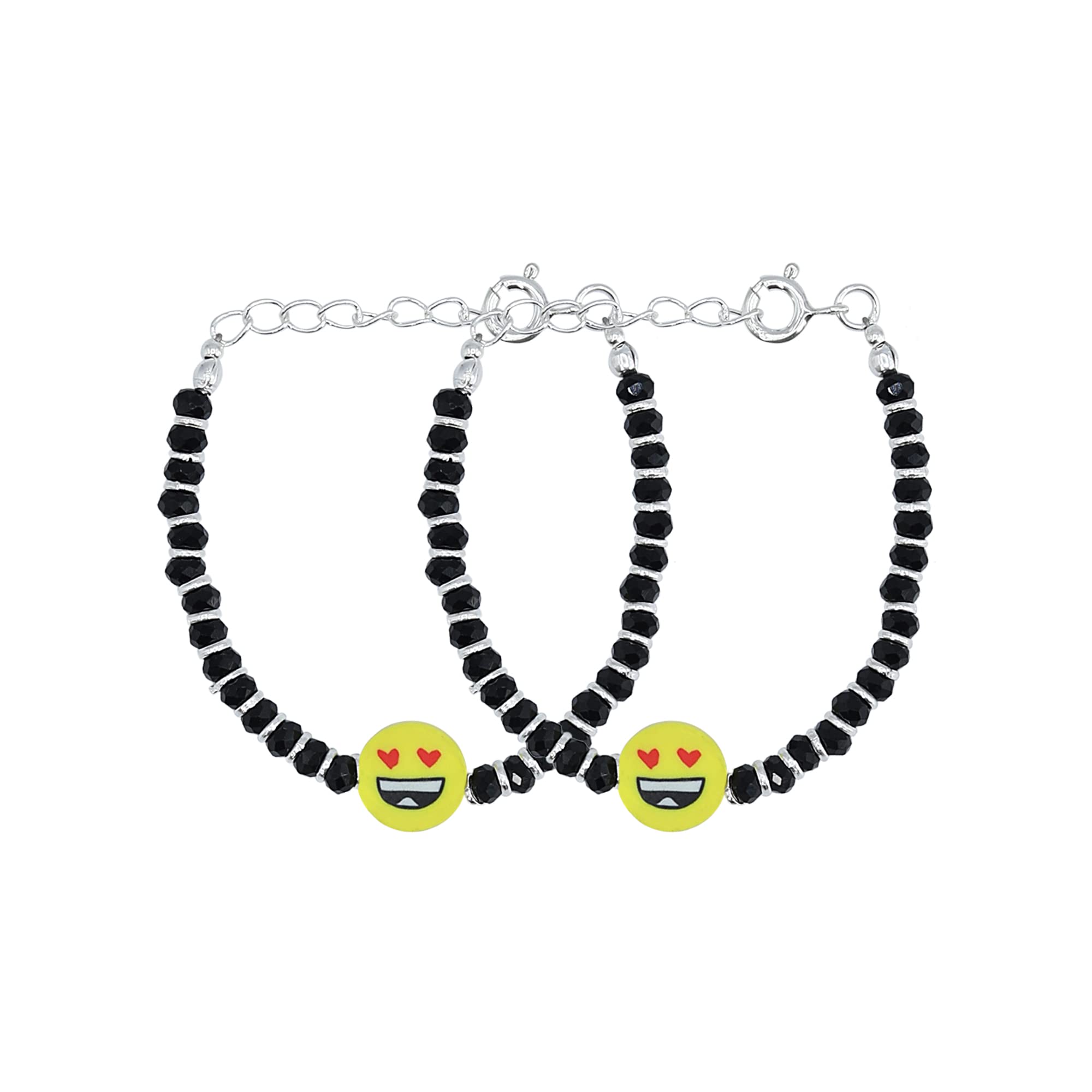 NEMICHAND JEWELS925 Sterling Silver Black Bead Crystal Emoji Nazariya Bangle/Bracelet For Kids - (1 Pair)