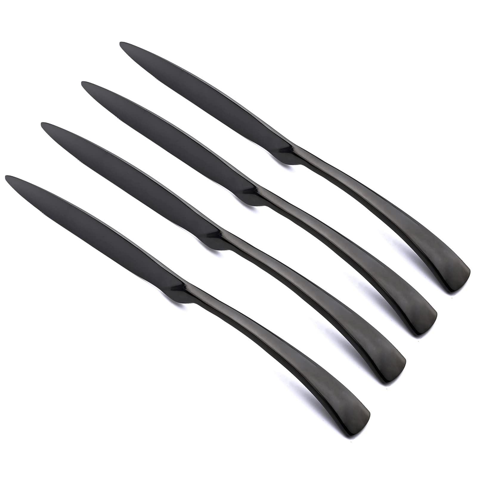snplowum 4 Piece Mirror Black Dinner Knfie, Serrated Edge Heavy Duty 304 Stainless Steel Steak knife Kitchen Table Cutlery, Good Enough For Everyday Use, 9.96 inch