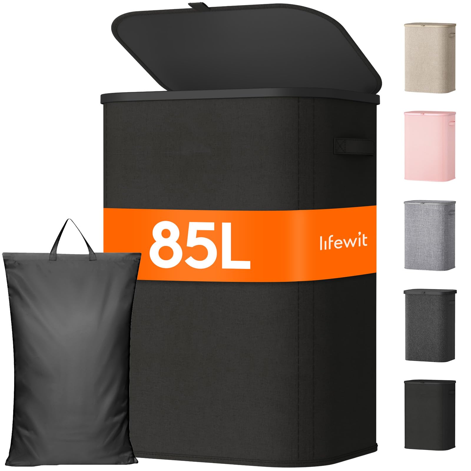 Lifewit 85L Laundry Basket with Lid, Washing Basket with Handles and Bag, Large Foldable Dirty Clothes Organiser with Plastic Frame for Laundry Room, Bedroom, Bathroom, Black