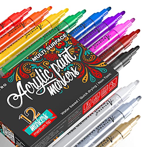 Acrylic Paint Pens for Rock Painting, Stone, Ceramic, Glass, Wood, Fabric, Canvas, Porcelain, Metal. Set of 12 Acrylic Paint Markers Medium Tip