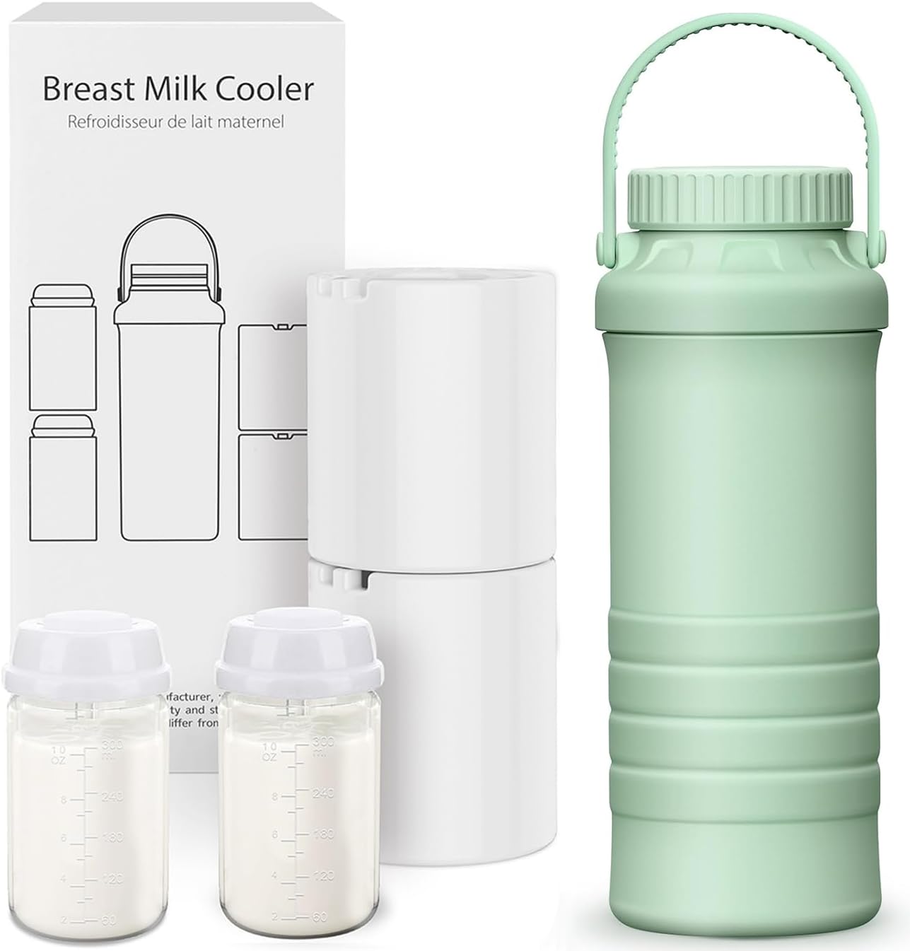 Glaciere Lait Maternel, Grande Capacité de 620ml Portable Glacière Lait Maternel, Adapté à L'extérieur et aux Voyages, Réfrigération à 360°, Fraîcheur 24Heures, Comprend Deux Biberons