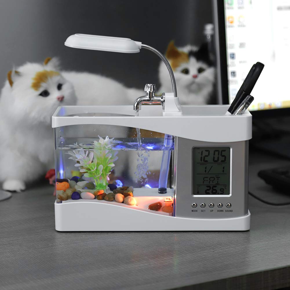 Emoshayoga Mini Aquarium Rechargeable par USB avec Lumière LED, Horloge à Affichage Numérique LCD, Affichage de la Température, Musique, pour Décoration de Bureau (Blanche)