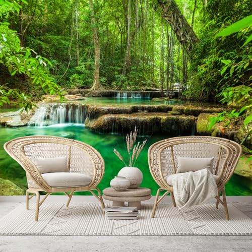 Lush Green Forest - Cascada de varios niveles - Murales de pared de tamaño personalizado, papel tapiz fotográfico grande extraíble para sala de estar, dormitorio, oficina, revestimiento autoadhesivo