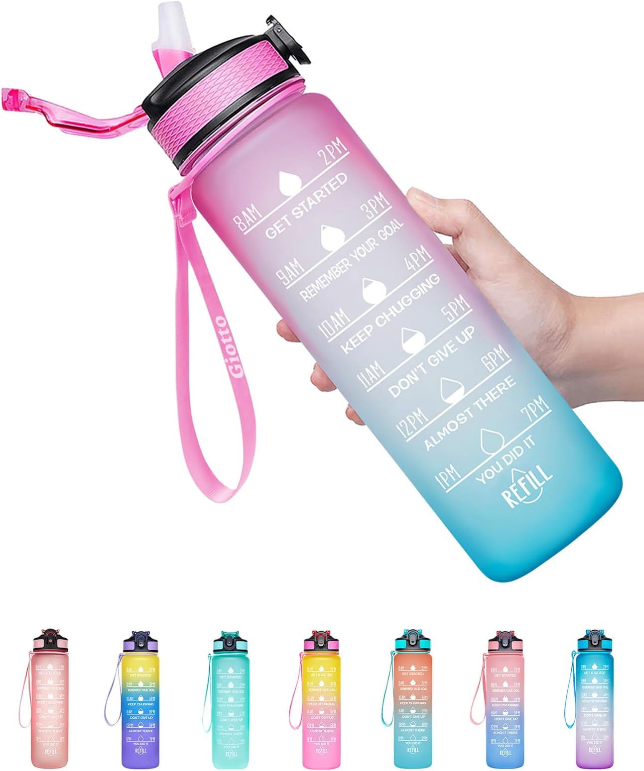 Giotto 32oz Large Leakproof BPA Free Drinking Water Bottle with Time Marker & Straw to Ensure You Drink Enough Water Throughout The Day for Fitness and Outdoor Enthusiasts-Ombre Fuschia Green