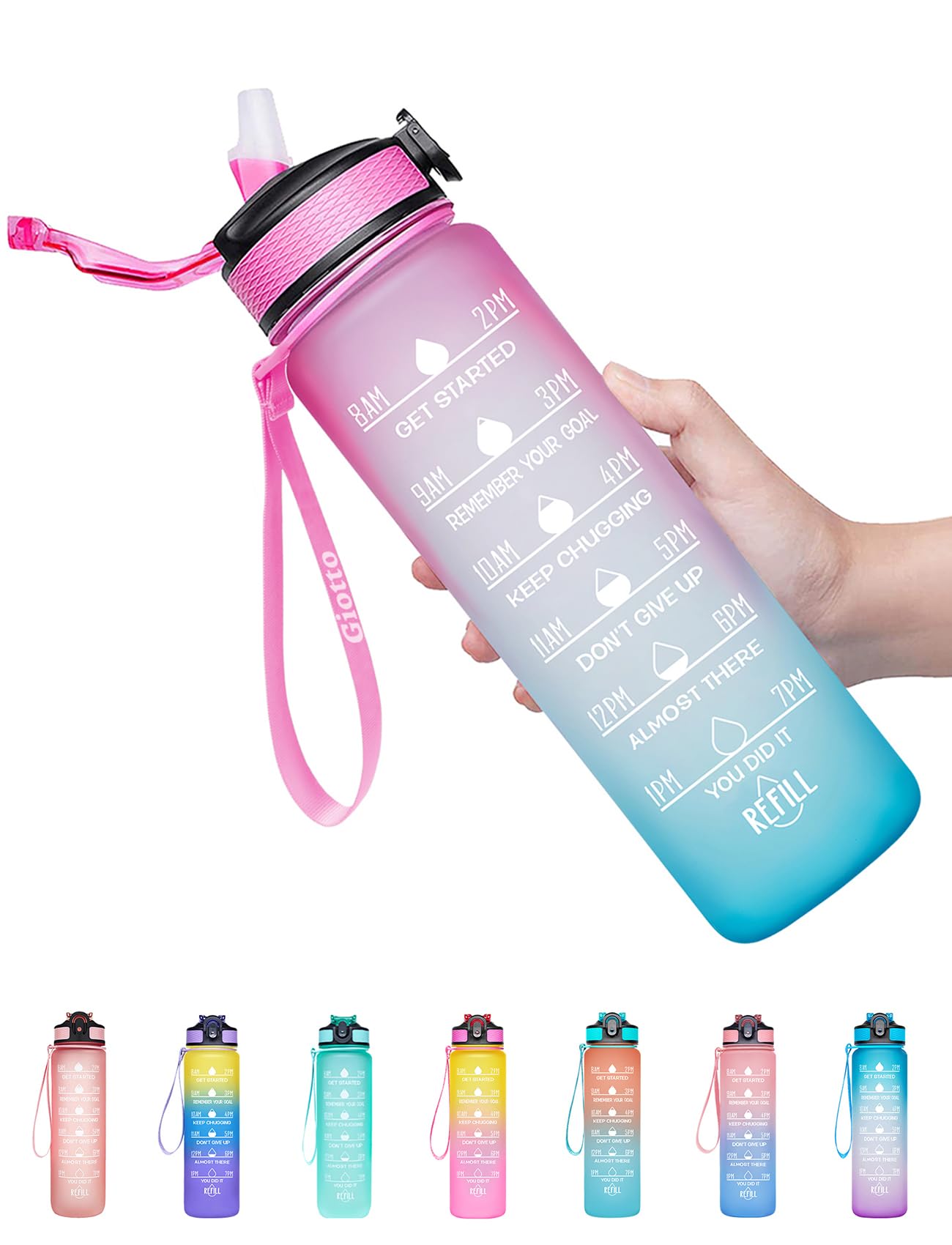Giotto 32oz Large Leakproof BPA Free Drinking Water Bottle with Time Marker & Straw to Ensure You Drink Enough Water Throughout The Day for Fitness and Outdoor Enthusiasts-Ombre Fuschia Green