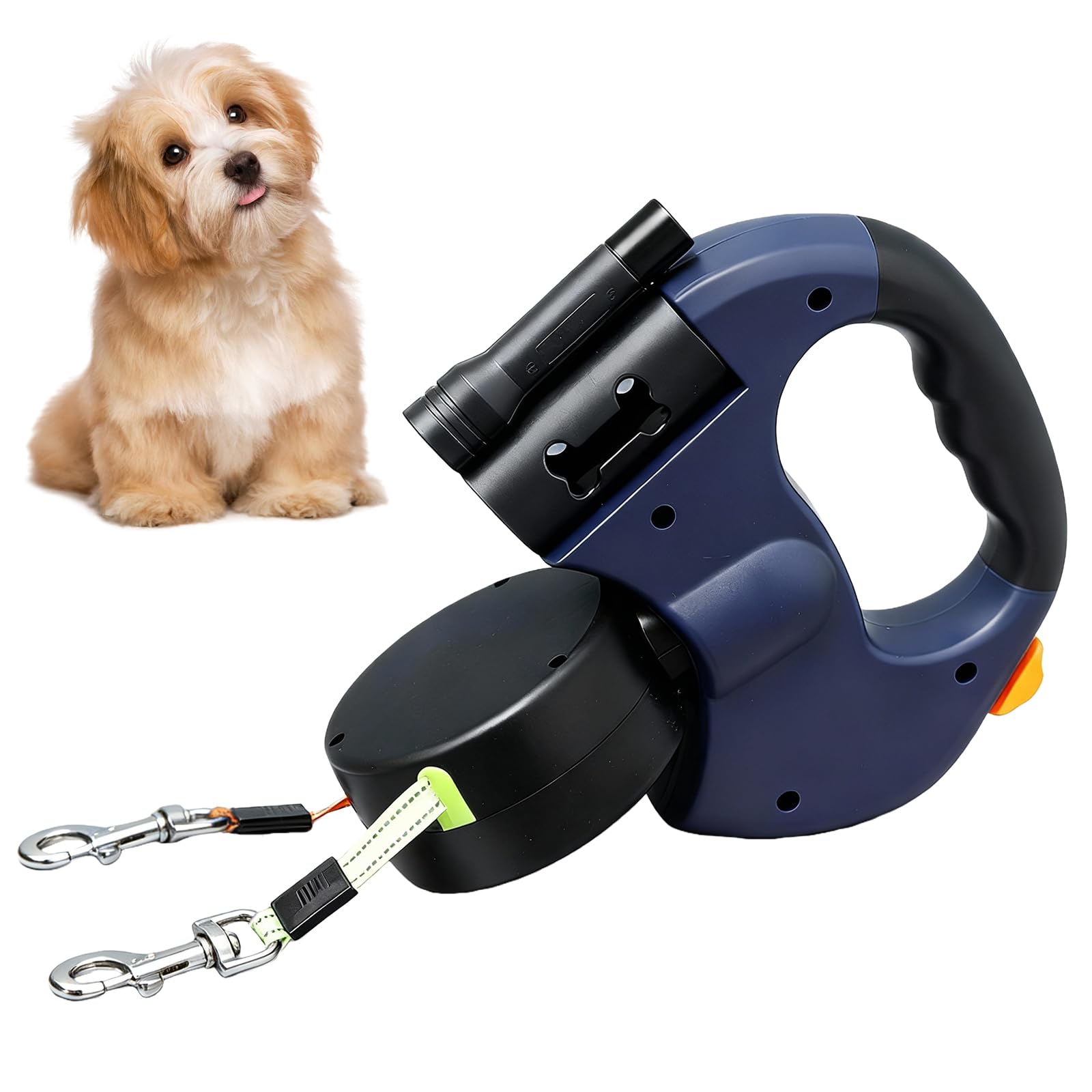 BAIFULAI Correa retráctil para 2 perros, correa doble de 3 m para 2 perros con luz, mango antideslizante, extensible, para perros pequeños y medianos (azul)