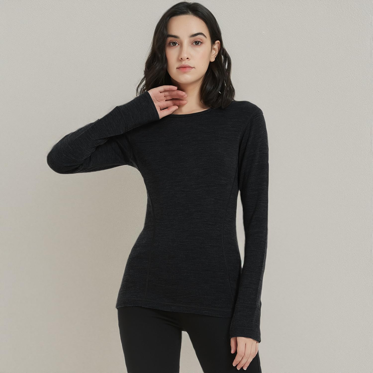 METARINO Merino Wool Base Layer Women - 100% Merino Wool Midweight Long Sleeve Thermal Shirt for Skiing,Hiking,Cycling,Sports,Black,X-Small - Image 6