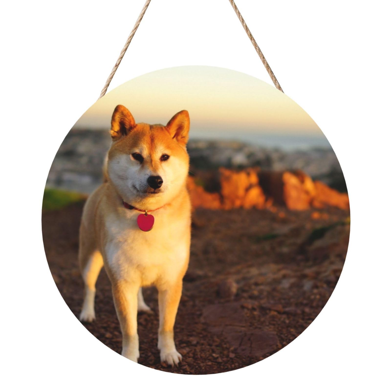 InOmak Shiba Inu Pets Dogs Sunset Bokeh Shiba Inu, Round Wood Panel Painting 12 in, Wall Hanging Painting For Home