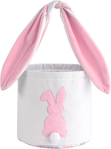 MONOBLANKS - Cesta de lona y algodón para niños, para cazar huevos de Pascua y llevar regalos, con diseño impreso de conejo de Pascua con cola MONOBLANKS - Cesta de lona y algodón para niños, para cazar huevos de Pascua y llevar regalos, con diseño impreso de conejo de Pascua con cola