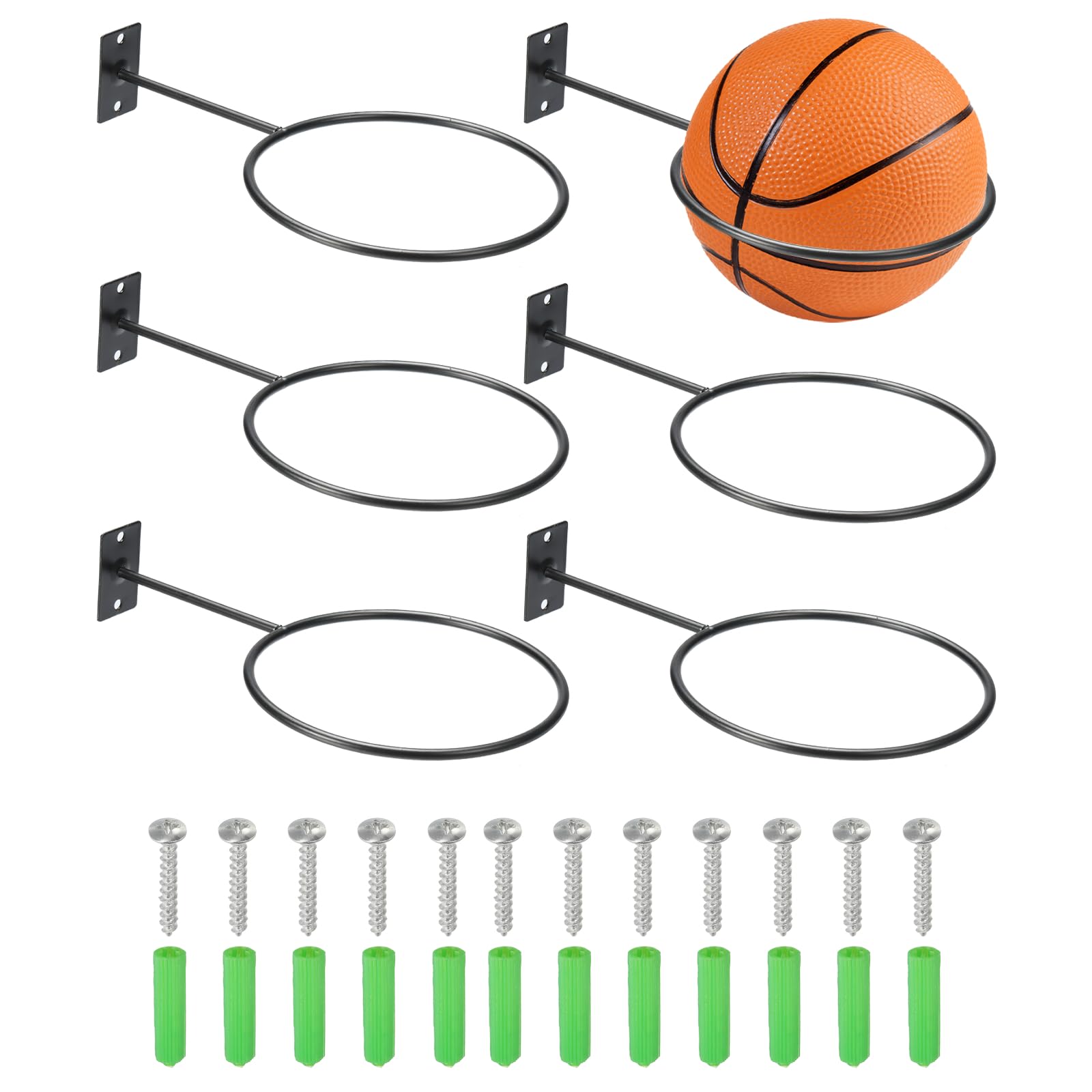 PATIKIL 5 Inch Ball Holder Wall Mount, 6 Pack Ball Display Wall Storage with Screws for Basketball Football Volleyball Display Decor Storage Ring Planter, Black, 5mm Thick
