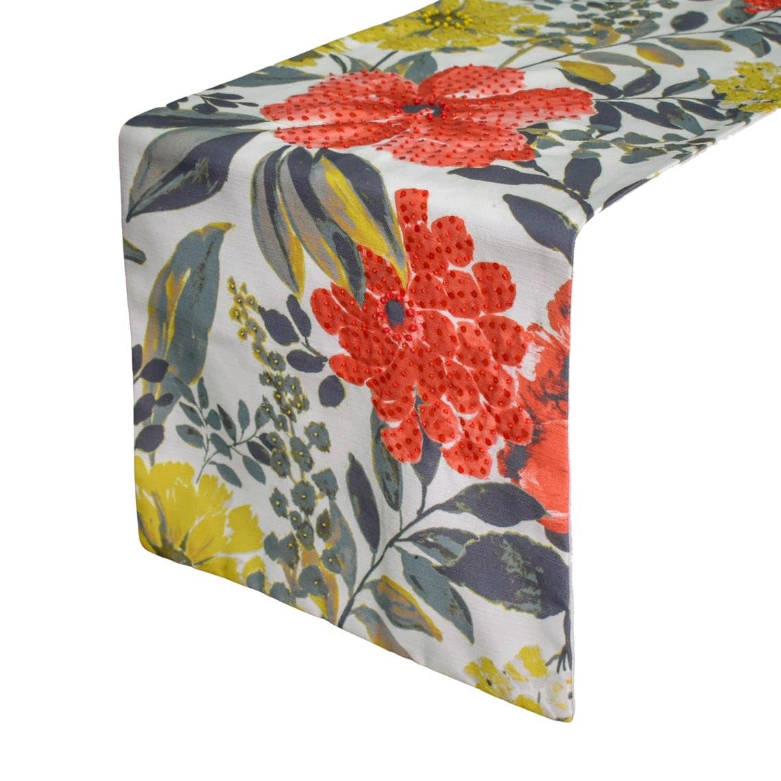 Red Decorative 8 Seater Table Runner (40 x 270 cm) | Contemporary Cotton Floral Table Linen | Sequins, Hand Embroidery Table Runner for Party, Dining Table Décor - Wildflower Wave