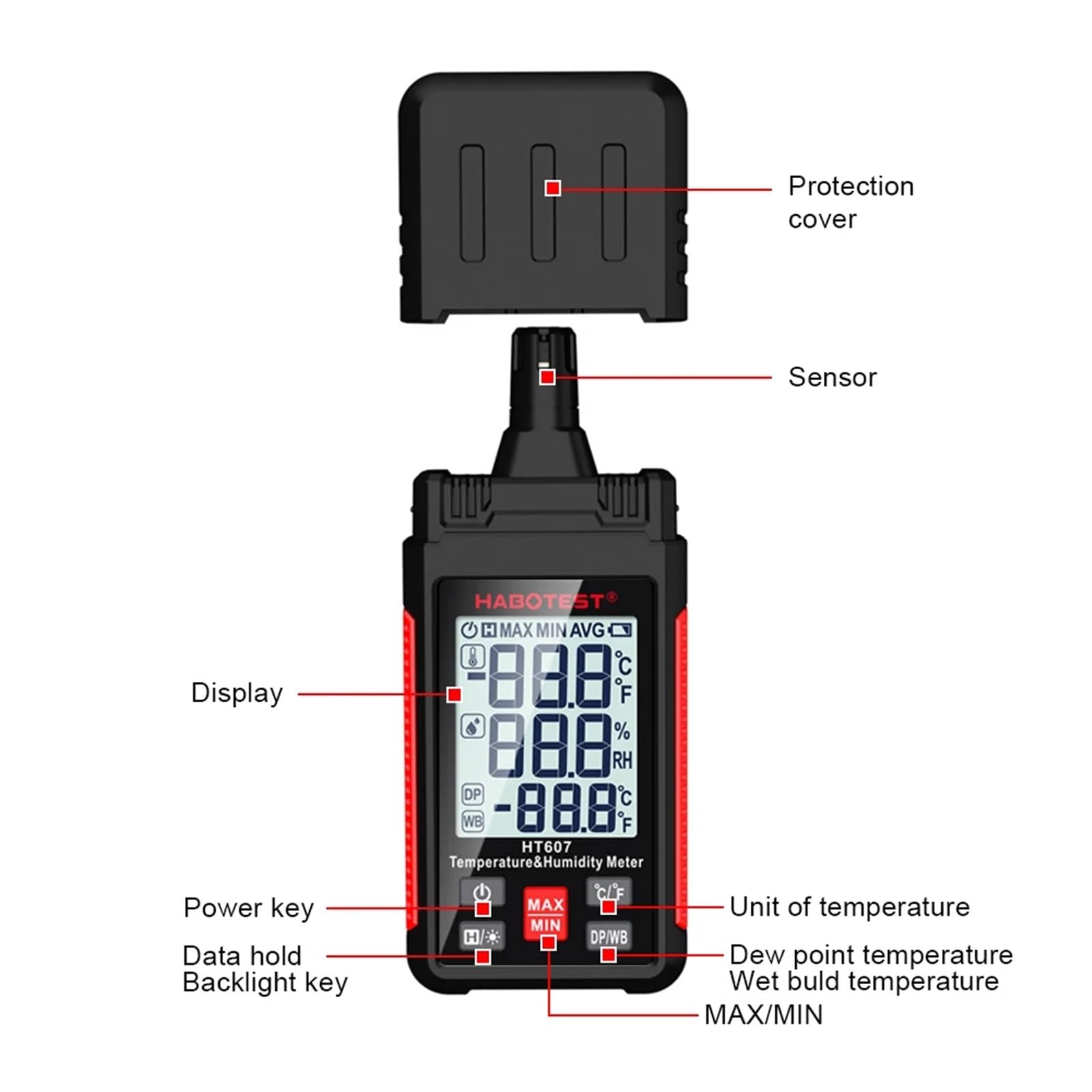 Misuratore digitale di umidità della temperatura HT607 Igrometro digitale ad alta precisione con sensore igrometro del punto di rugiada ambientale