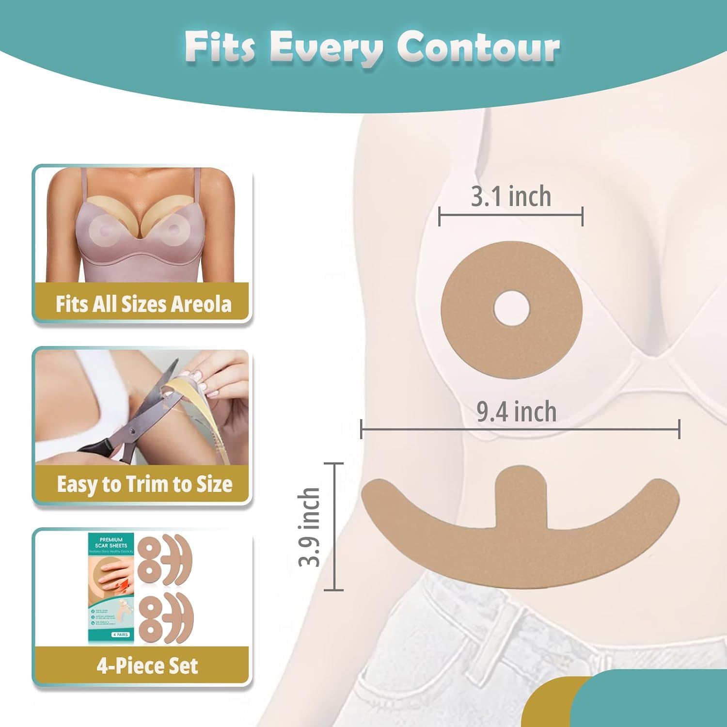 Silicone Scar Sheets for Breast Surgery (8 Pcs) - Long-Lasting Silicone Tape for Breast Scars - Cost-Effective Scar Treatment for Surgical Scars - Soft, Waterproof & Gentle on Skin