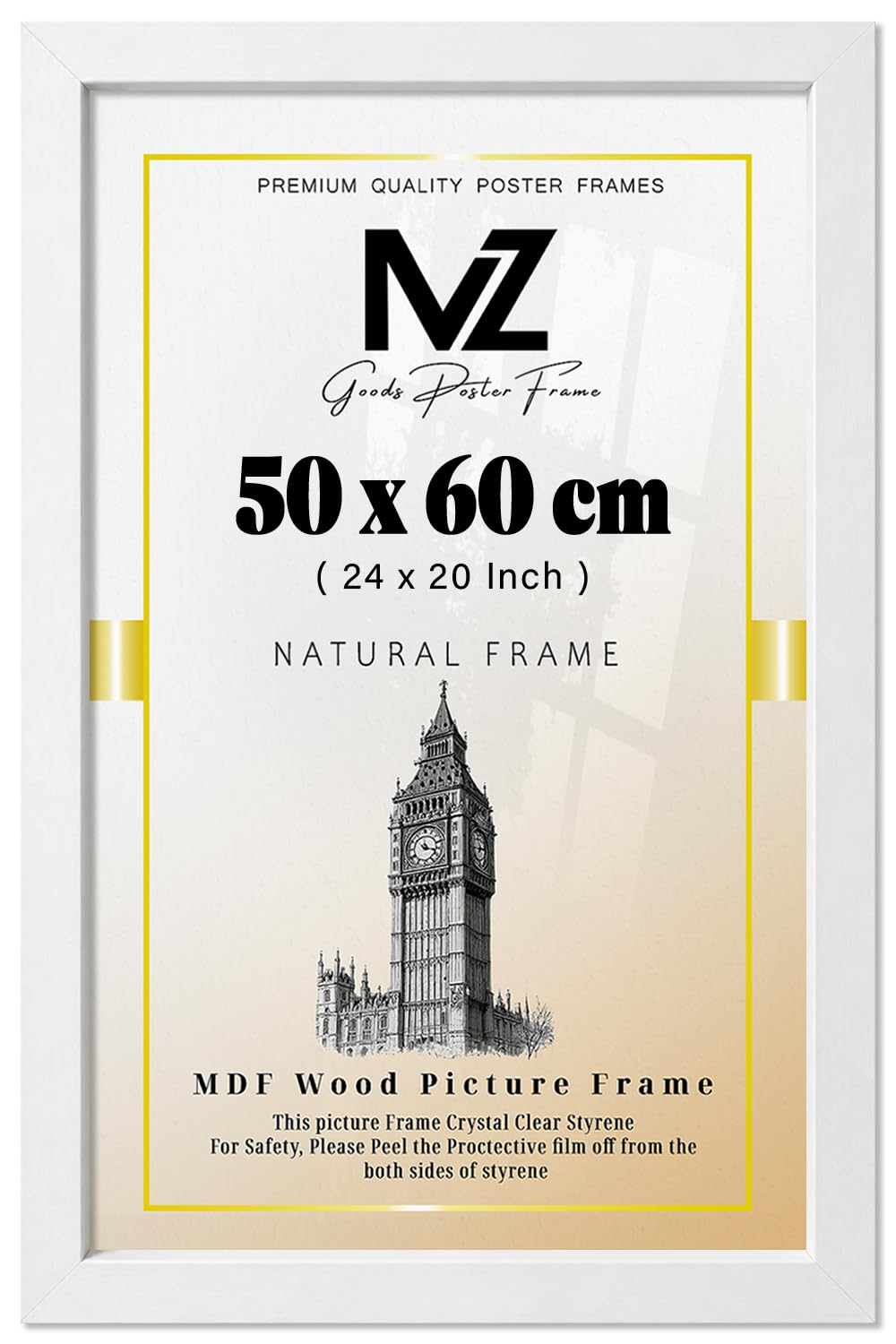 MZ GOODS | MDF Wood Picture Frame (50 x 60 CM) 20 x 24 Inch for Art, Room Interiors & Wall Décor, Elegant Finish, Secure Hooks for Easy Mounting [ White ]