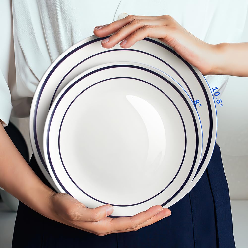 YFWOOD Lot de 6 assiettes plates en céramique de 26,7 cm - Résistantes aux rayures - Résistantes aux rayures - Double ligne blanche et bleue