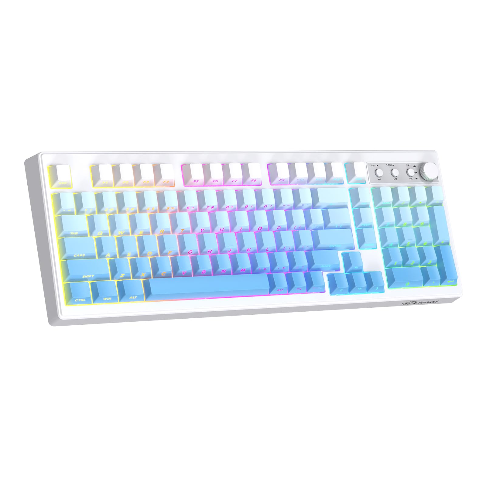 ZIYOU LANG K100 Teclado Gaming Inalámbrico Layout US, Conexión Tri-Modo (BT/2.4G/Cable) Teclado de Membrana con Perilla, 102 Teclas PBT Gradiente, 4000mAh RGB Backlit, para PC/Mac - Azul Glaciar