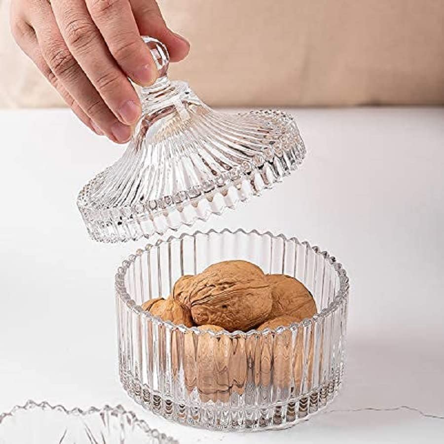 Image of BRUSHFINCH Candy Dry Fruit Bowl for Dessert Style Crystal Glass Sugar Candy Mukhwas Jar with Lid, Modern Designer Multi-Purpose Bowl, Round Kitchen Storage Pickle Containers,(1) Clear.