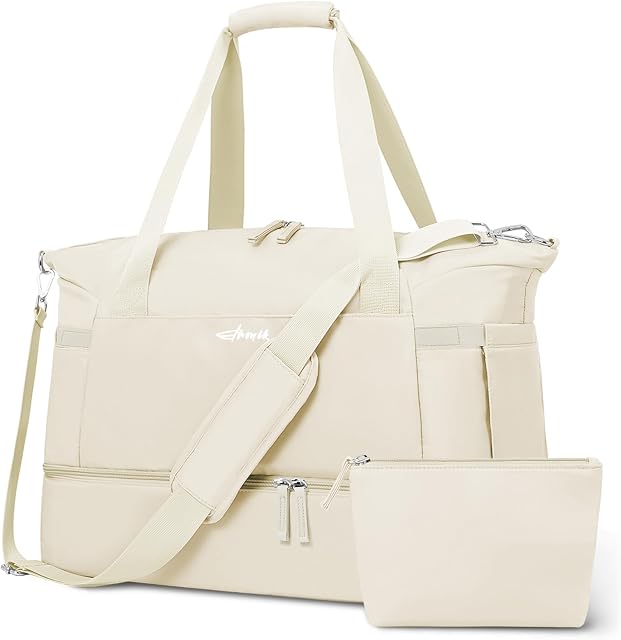 Gym Bag for Women, Sports Travel Duffel Bag with USB Charging Port, Weekender Overnight Bag with Wet Pocket and Shoes Compartment for Women Girls Travel, Gym, Yoga, School (Off White)