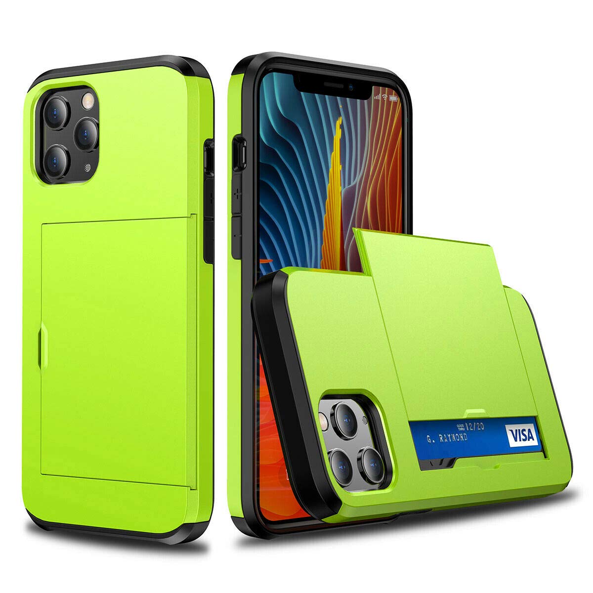 FastsunCase Compatible with iPhone 12 Pro Max, Ultra-Thin Shockproof Hard Back Silicone Dual Layer Protective Credit Card Holder ID Cards Slot Case Design for iPhone 12 Pro Max (Neon Green)