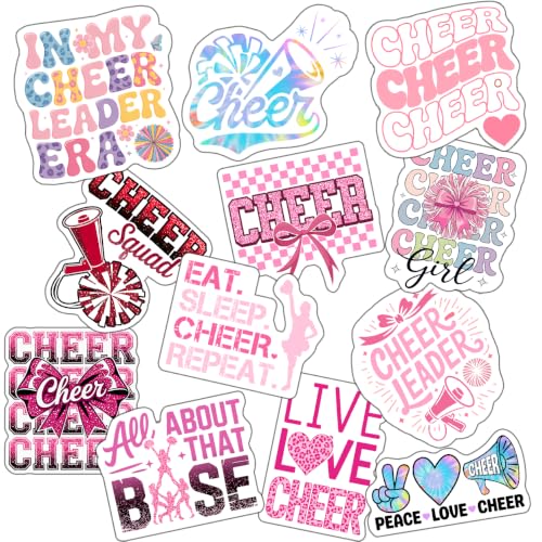EVOCRE 12PCS Cheer Stickers for Girls Kids Waterproof Cheerleading Stickers for Poster Board Water Bottles Vinyl Cheerleader Stickers Cheer Gifts for Cheerleaders (Cheer)