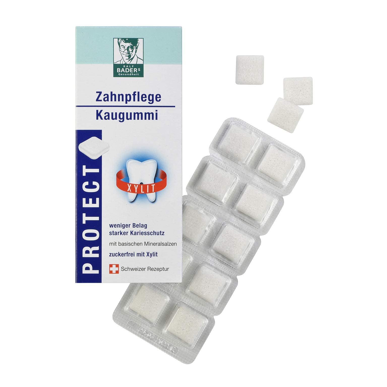 BADERs PROTECT Zahnpflege Kaugummi aus der Apotheke. Display mit 24 Packungen. Je Packung 20 Kaugummi-Quadrate. Zuckerfrei mit Xylit. PZN 04451478