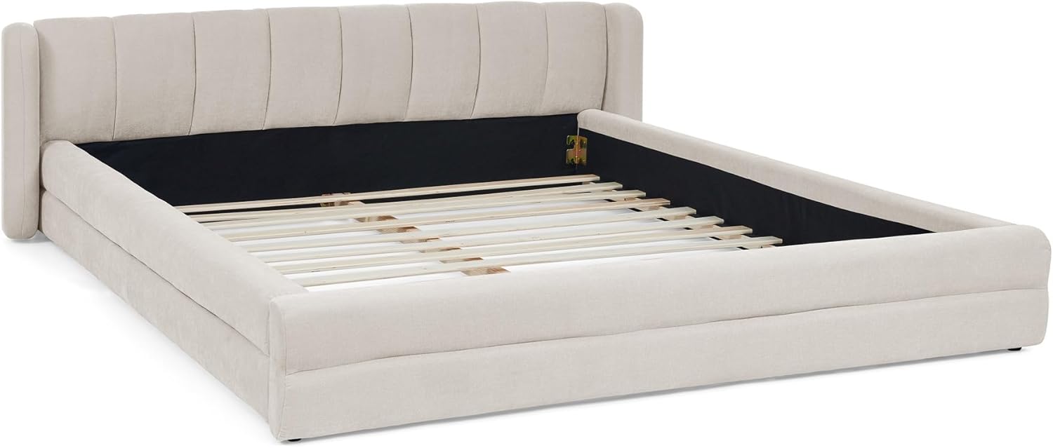 GDFStudio Queen Size Upholstered Platform Bed Frame,Thick Chenille Fabric,Soft Padded Headboard,Modern Low Profile Design,Solid MDF Support,No Box Spring Required,Easy Assembly,Without Mattress,Beige