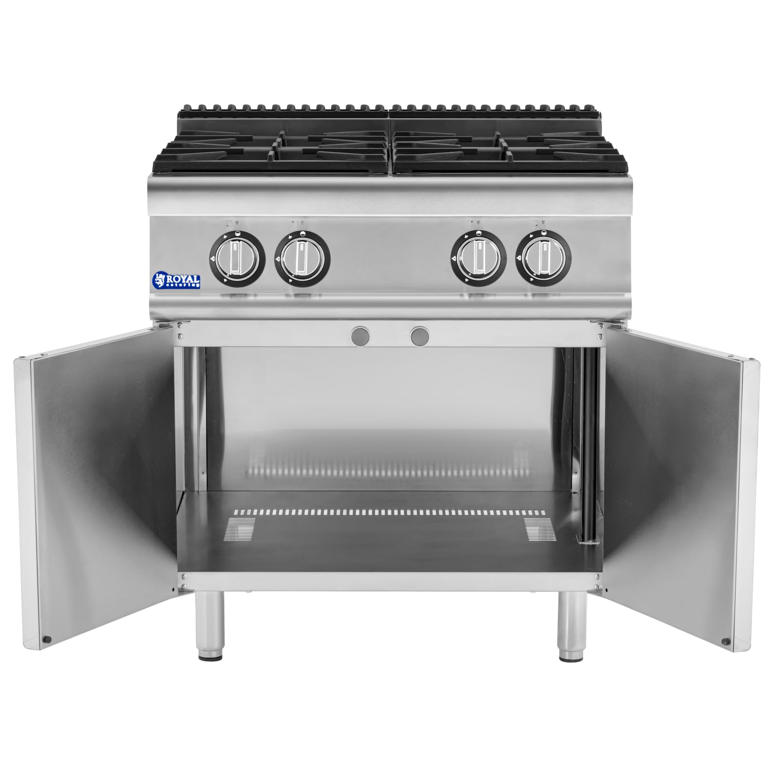 Royal Catering Gasherd mit Unterschrank 14,3 kW 4 Brenner Edelstahl entnehmbare Brennermulden Injektoren zum Umrüsten Propangas LPG Erdgas Flammensperre Dunstabzug Gas-Standherd Propangasherd