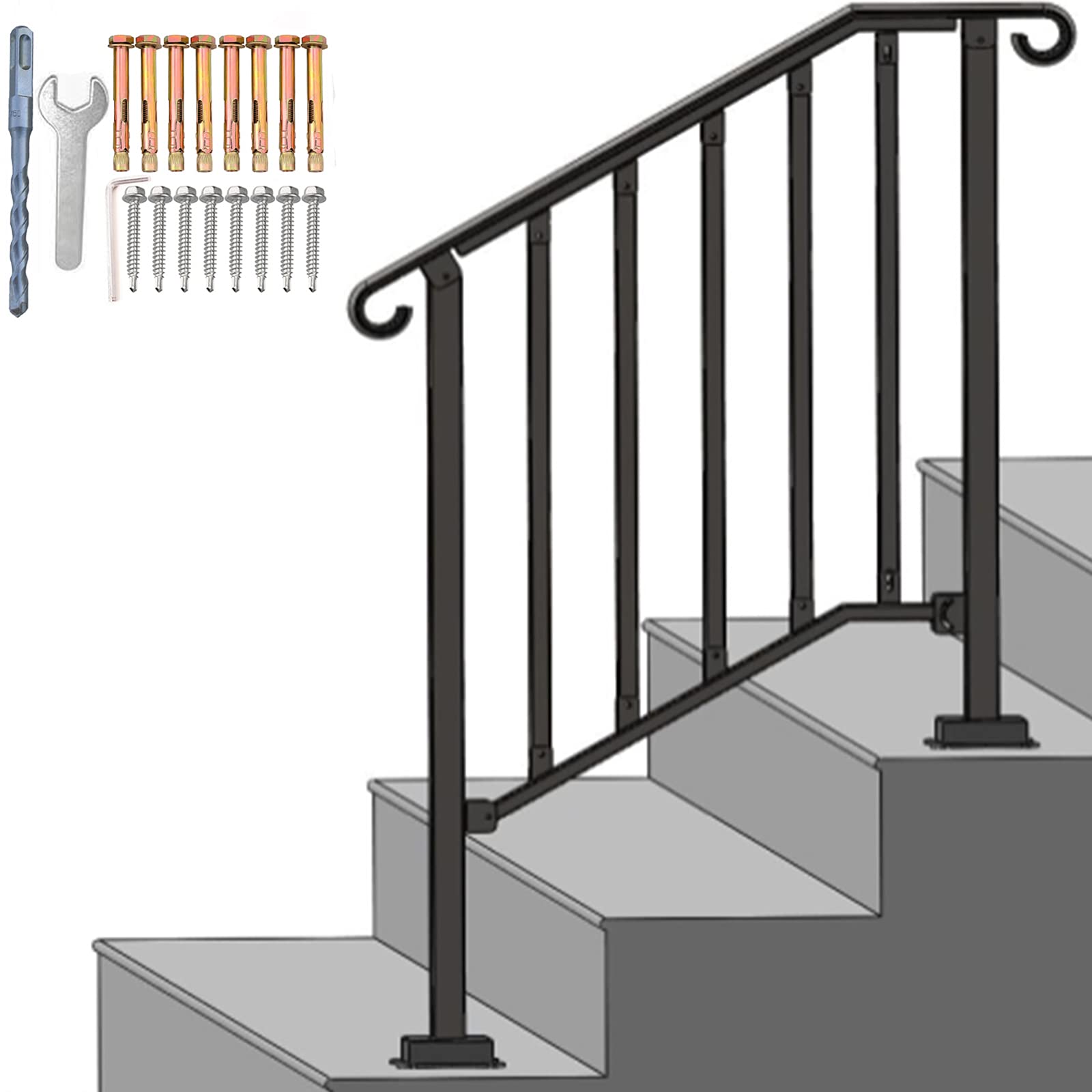 Buy SPACEEUP Step Handrail Fit for 2 or 3 Steps Wrought Iron Handrail
