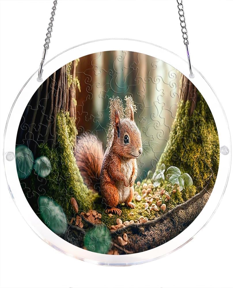 Squirrel in Forest Acrylic Jigsaw Puzzles Suncatcher, 8.2 Inch Window Hanging Suncatcher Acrylic Puzzle, DIY Home Decor Art Gift