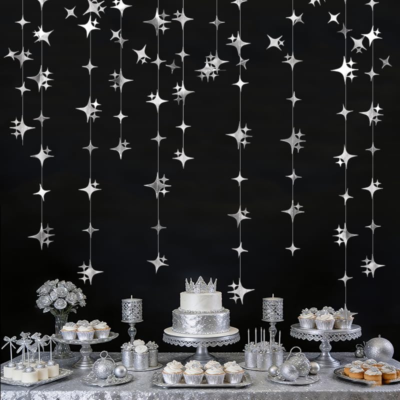 Image of Glitter Silver Four-Angle Star Paper Garland Banner Decor 40 Feet Twinkle Silver Star Hanging Bunting Banner Backdrop for Wedding Baby Shower Birthday Graduation Disco Party Decorations