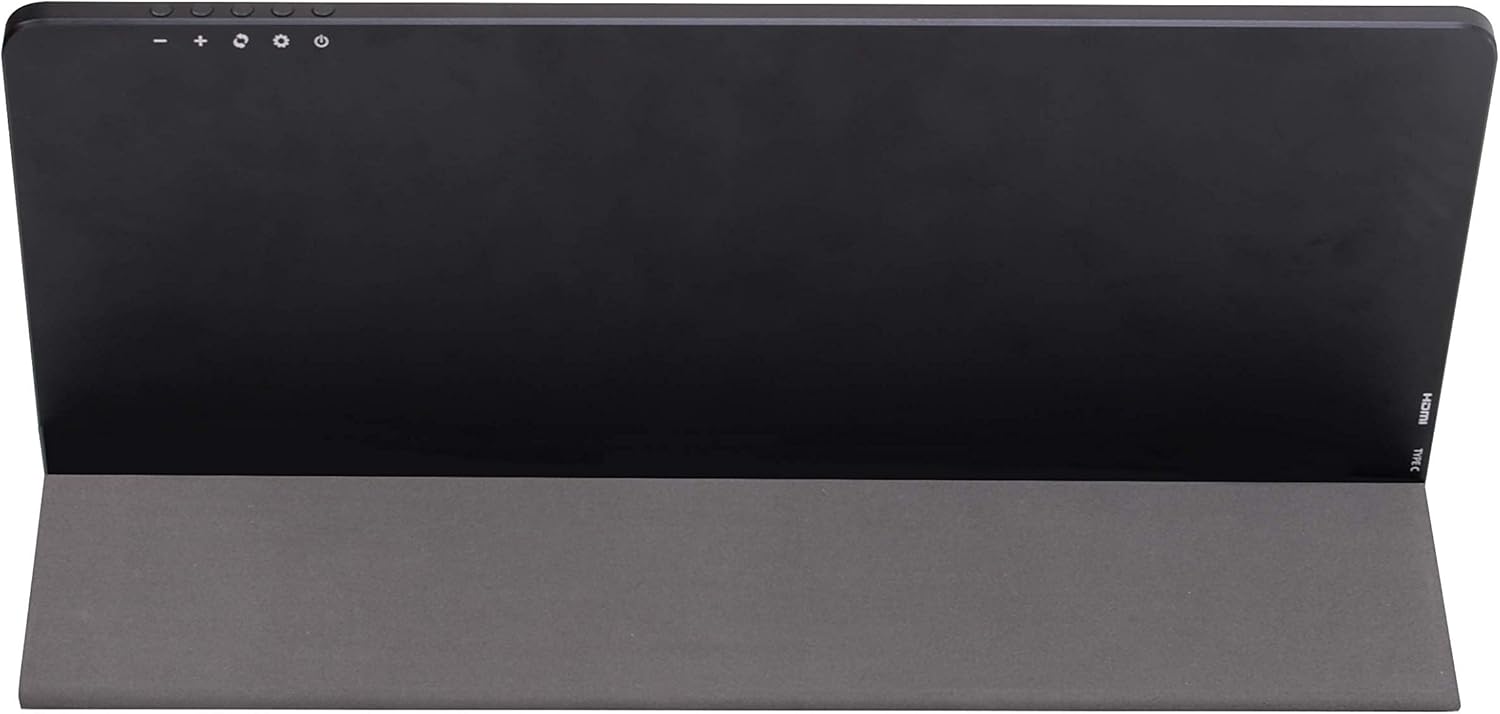 Back view of the HKC MR13HFP portable monitor showing HDMI, USB-C ports, and control buttons.