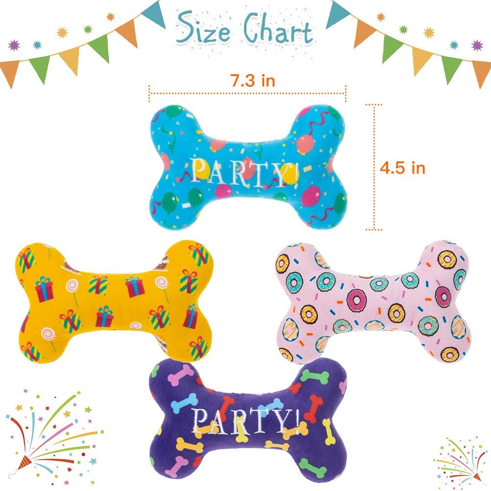 SCENEREAL Plush Dog Squeaky Toys - 4 Pack Cute Bone Shape Stuffed Dog Chew Toys for Small Dogs. Party Theme Style Puppy Teething Toys, Durable and Soft Dog Toys Set