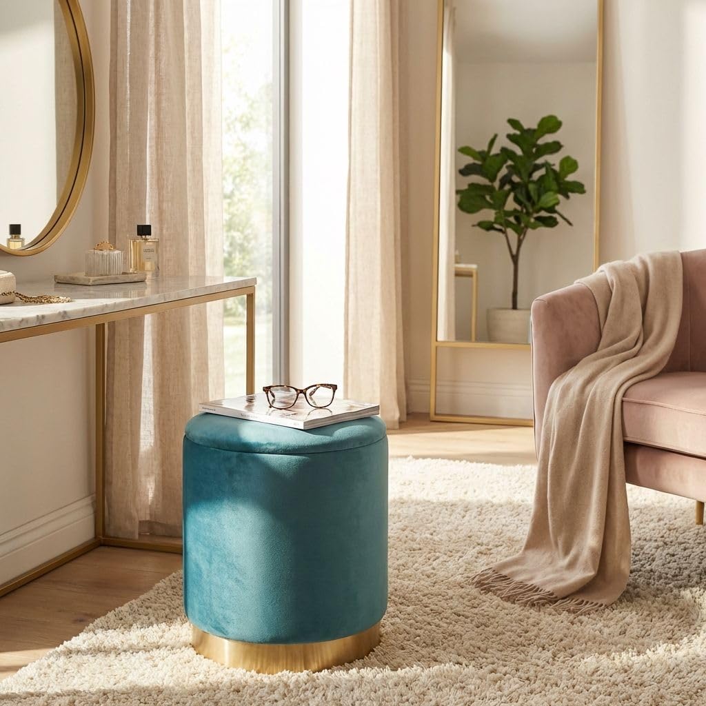 milani home - pouf contenitore rotondo, velluto, seduta contenitore poggiapiedi, verde, 37 x 37 x 40 cm