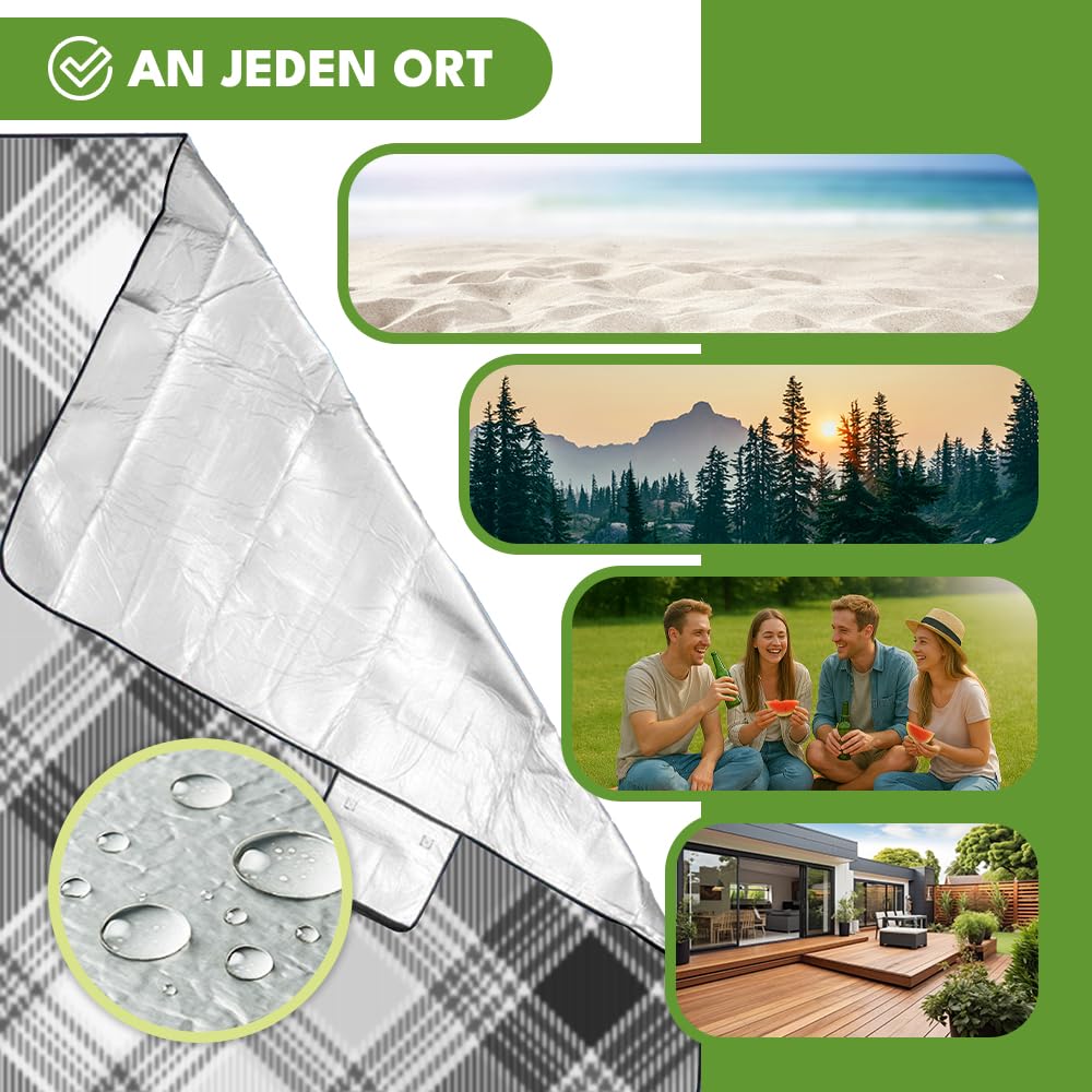 KRUMAD Coperta da picnic, impermeabile, XXL, 200 x 200 cm, per esterni, imbottita, senza sabbia, da campeggio, per spiaggia, giardino e parco, pieghevole con maniglia, leggera e comoda (grigio-nero)