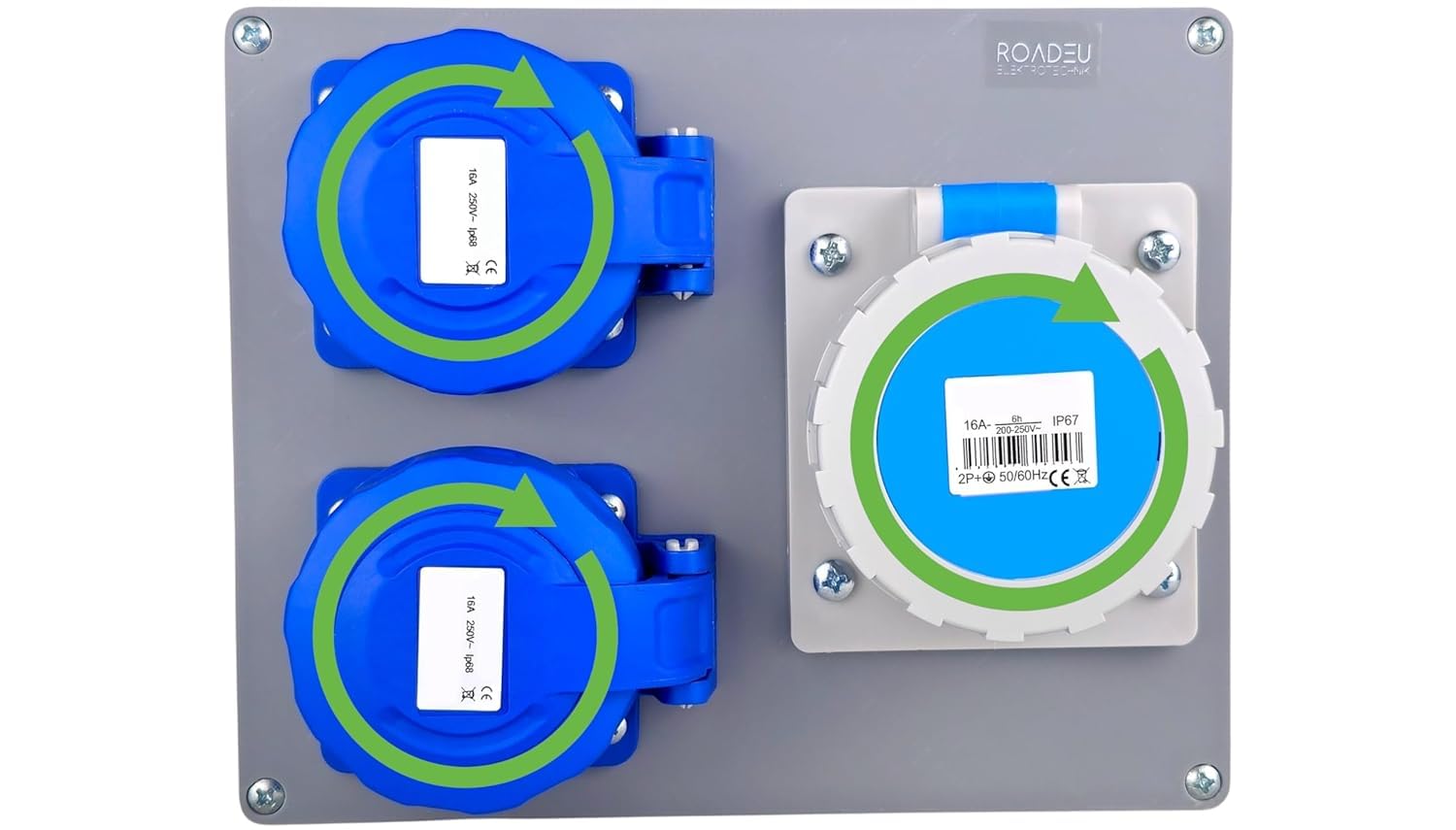 RoadEu – Quadro di Distribuzione Stagno IP67 | 2x Presa Schuko 230V + 1x Presa Industriale CEE 16A 3P | Scatola da Parete Pre-cablata 2,5 mm² per Esterno e Cantiere