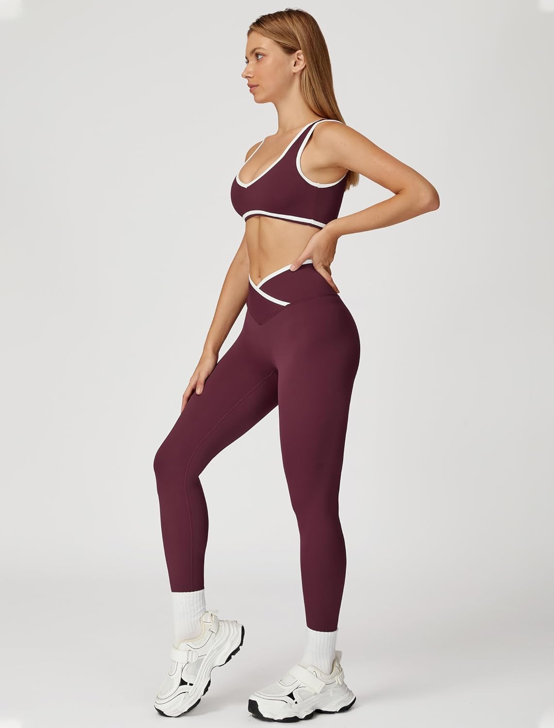 Women 2 Piece Workout U Neck Color Block Sports Bra High Waist Tummy Control Active Leggings Yoga Outfits
