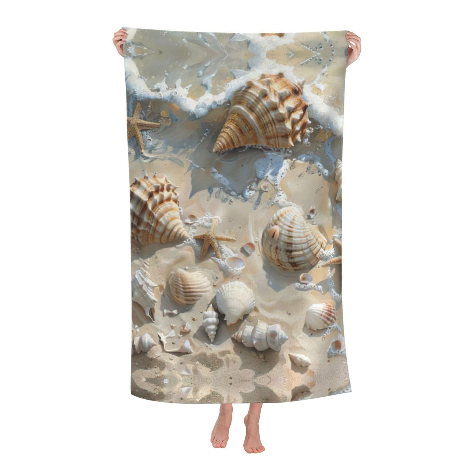 Pojknbv White Seashells Sand Print Oversized Adult Beach Towel Quick-Dry Comfortable Lightweight Travel Pool Camping