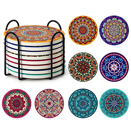 Posavasos para bebidas, Posavasos absorbentes con soporte, Posavasos de cerámica Mandala con corcho, Regalo de inauguración Posavasos de piedra Set de 8 (Multicolor1)