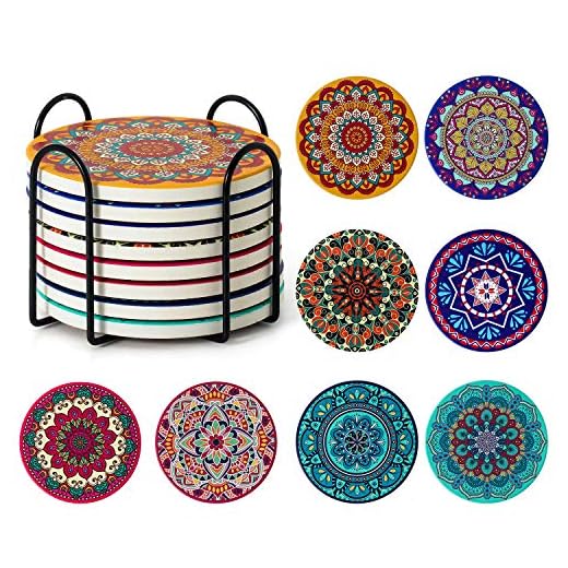 Posavasos para bebidas, Posavasos absorbentes con soporte, Posavasos de cerámica Mandala con corcho, Regalo de inauguración Posavasos de piedra Set de 8 (Multicolor1)
