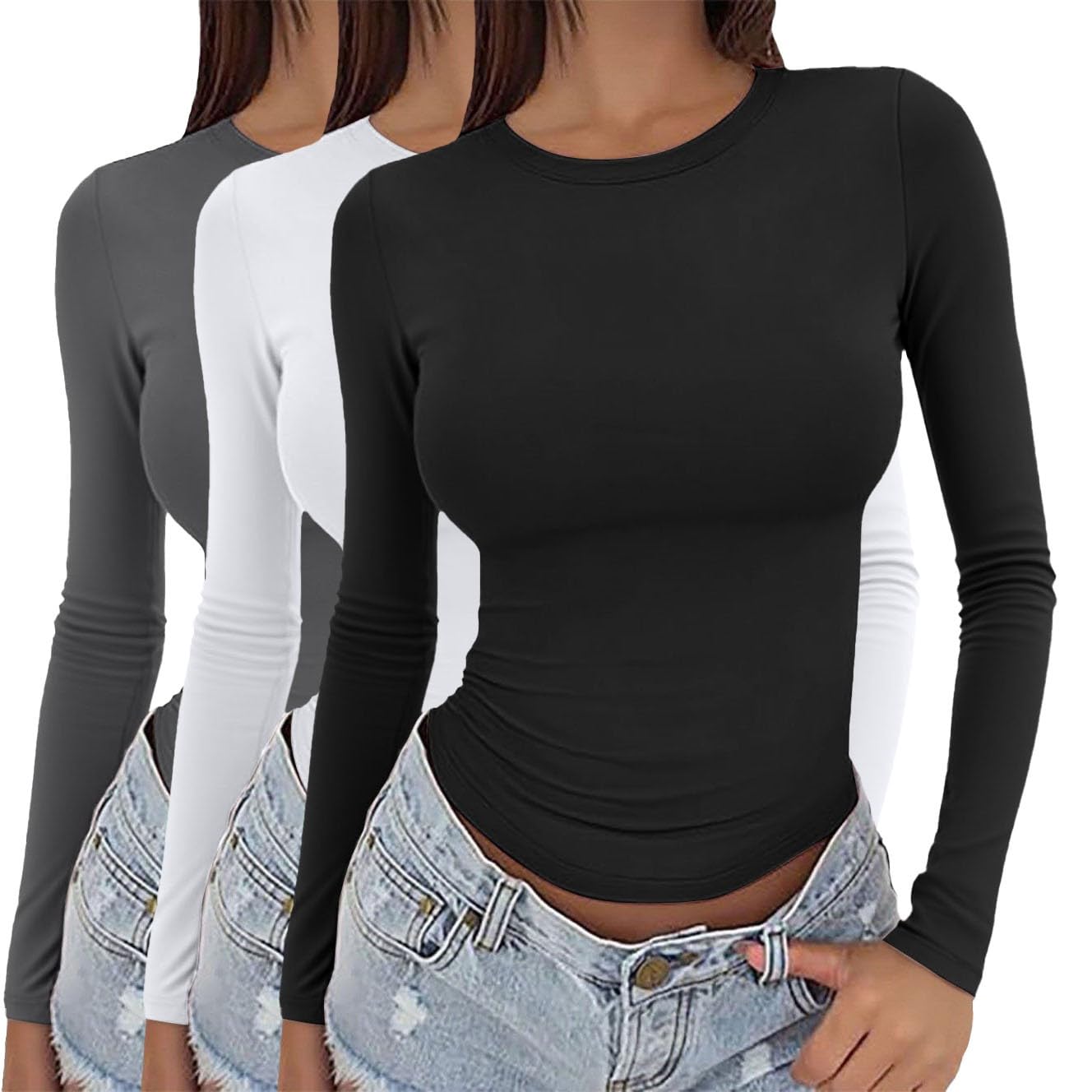 Lot de 3 t-shirts thermiques à manches longues et col rond pour femme - Coupe ajustée - Coupe ajustée - Couleur unie - Polyvalent - Tendance - Esthétique - Streetwear XS à XL