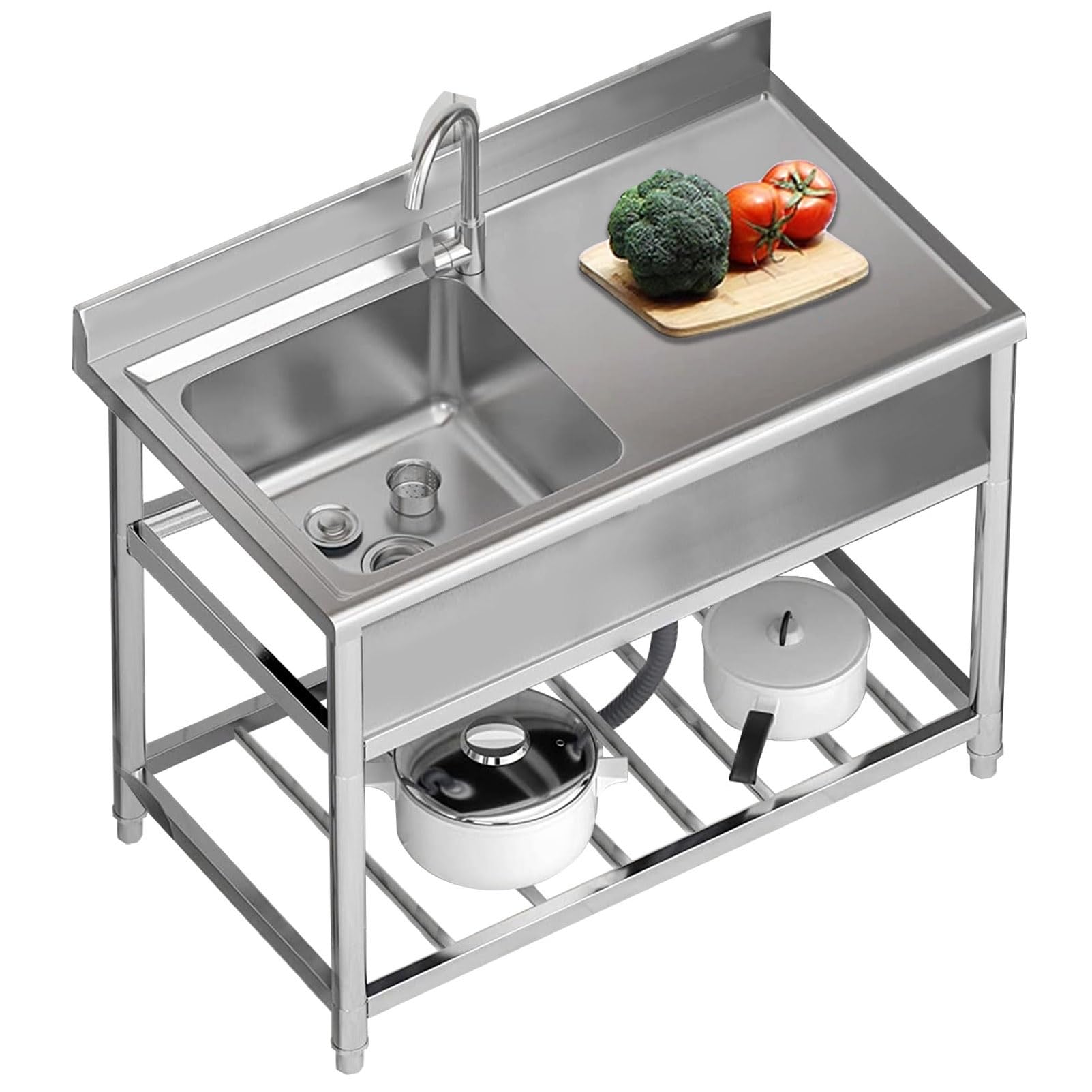HYSOPSPX Commercial Restaurant Sink 304 Stainless Steel Single Bowl Kitchen with Tap Workbench for Restaurant, Laundry, Garage, Workshop Outdoor