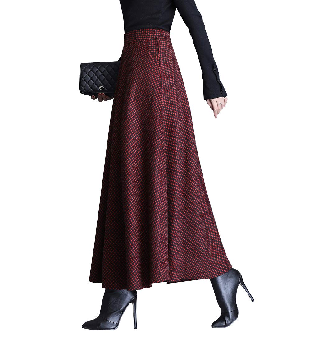 Jupe Longue Femme Hiver Élégant Carreaux Haute Taille Maxi Jupe en Laine A-Line Taille élastique Skirt 1951 Rouge vin -XXL